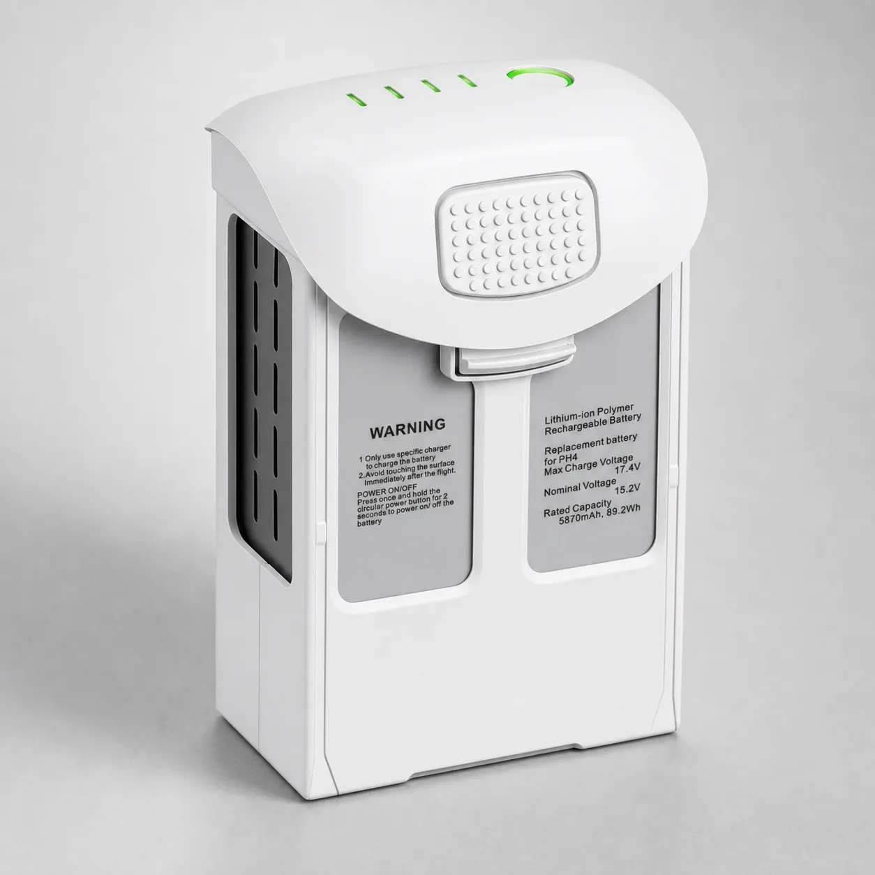 Close-up of a DJI Phantom 4 series replacement flight battery, showcasing detailed labeling and design features against a clean slate background.